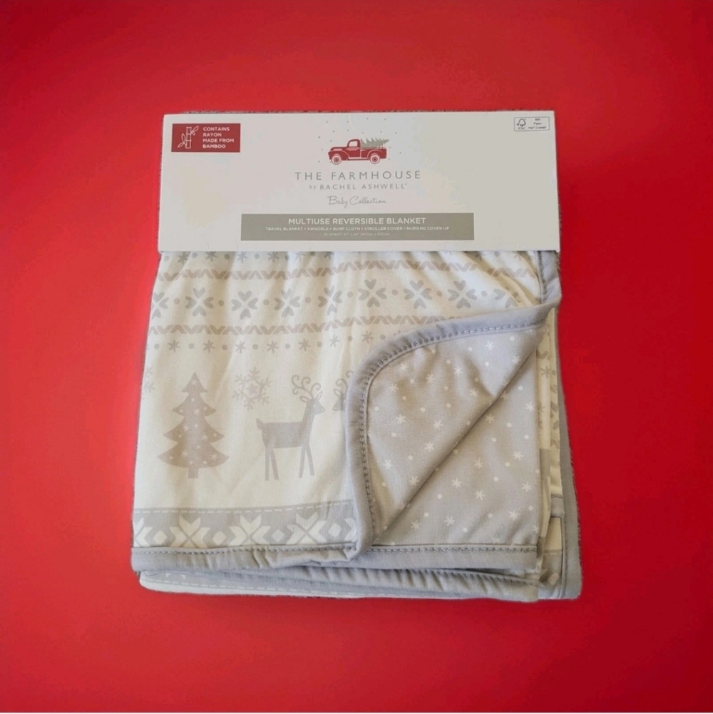 Farmhouse Rachel Ashwell Baby Collection Reversible Blanket 42x42 Gray White NEW
